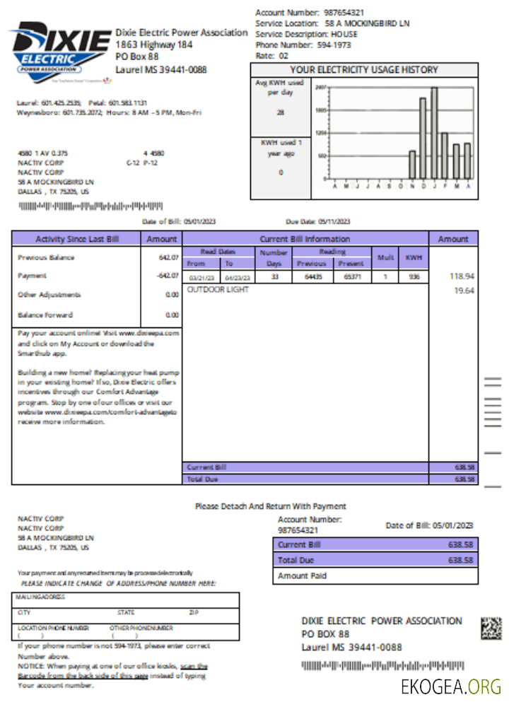 Facture commerciale du service public de Dixie Electric, SCR